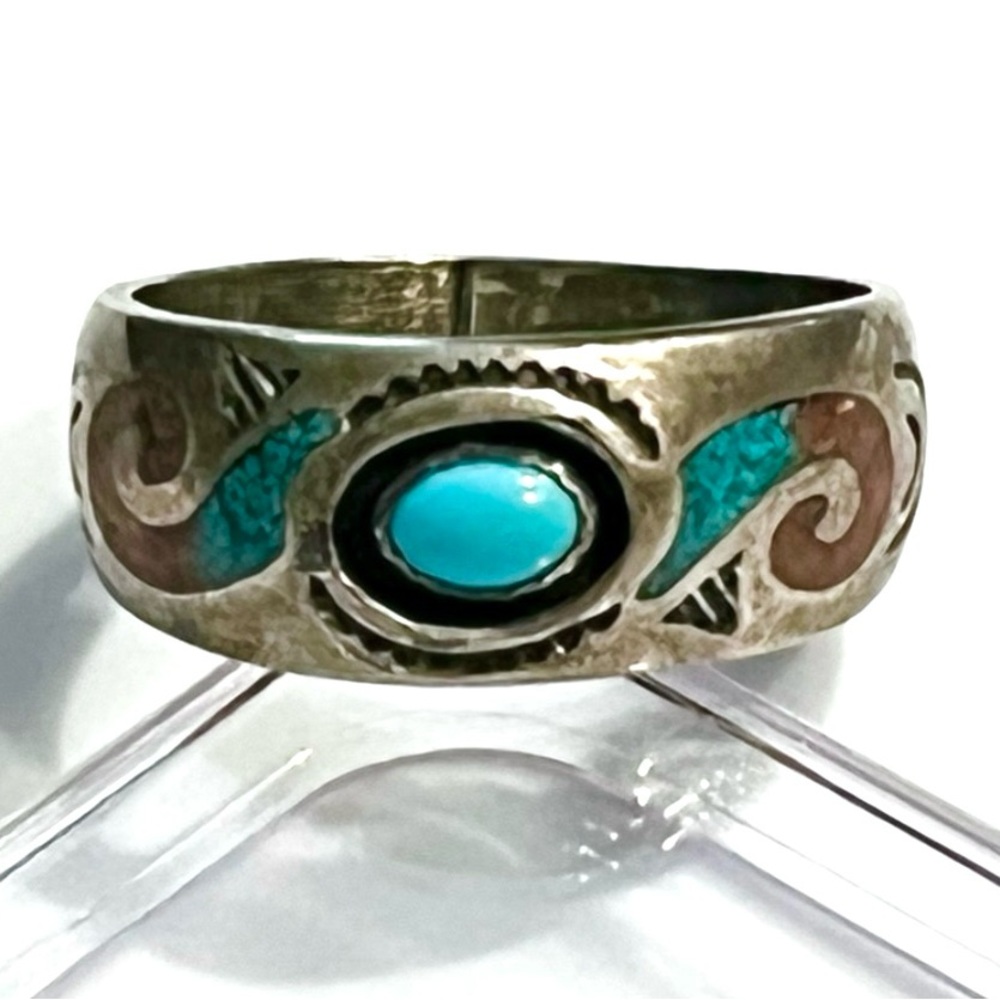 Navajo, Vintage Old Pawn Turquoise & Coral Sterling Silver Ring